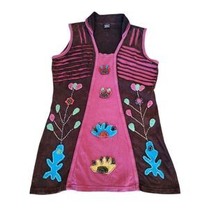 Y2K Colorful Embroidered Applique Festival Boho Nepal Cotton Mini Dress Medium